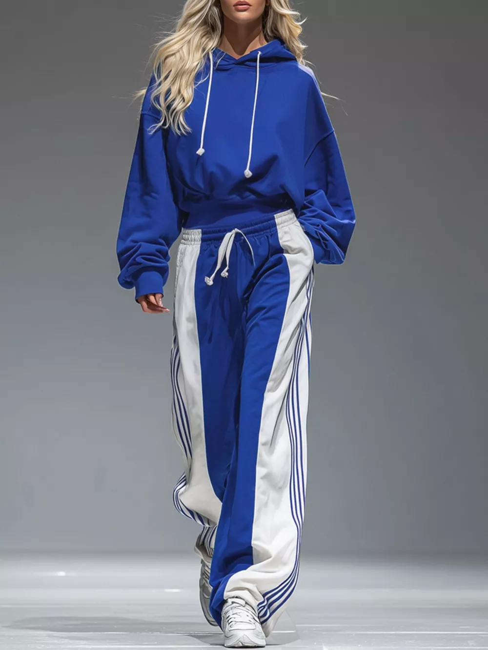 Drawstring Hoodie and Color-Block Wide-Leg Pants Set