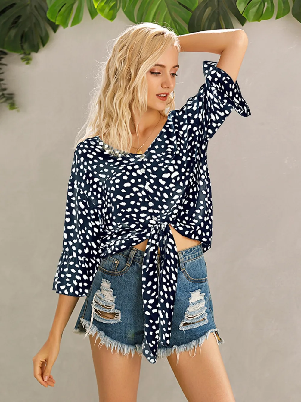 Tied Printed Button Up V-Neck Blouse, image 14