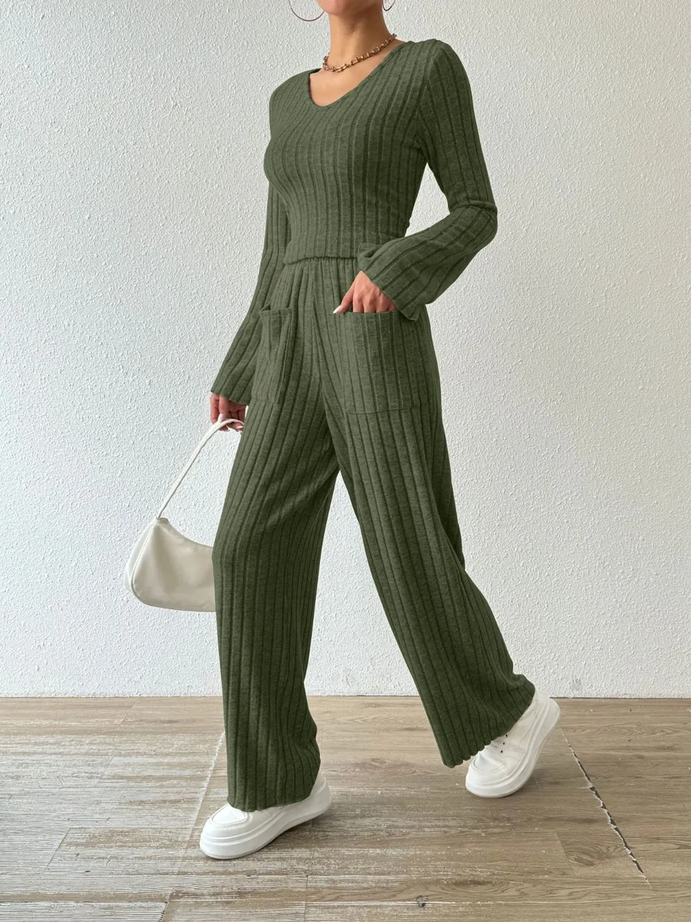 Ribbed V-Neck Long Sleeve Top and Pocketed Pants Set, image 7