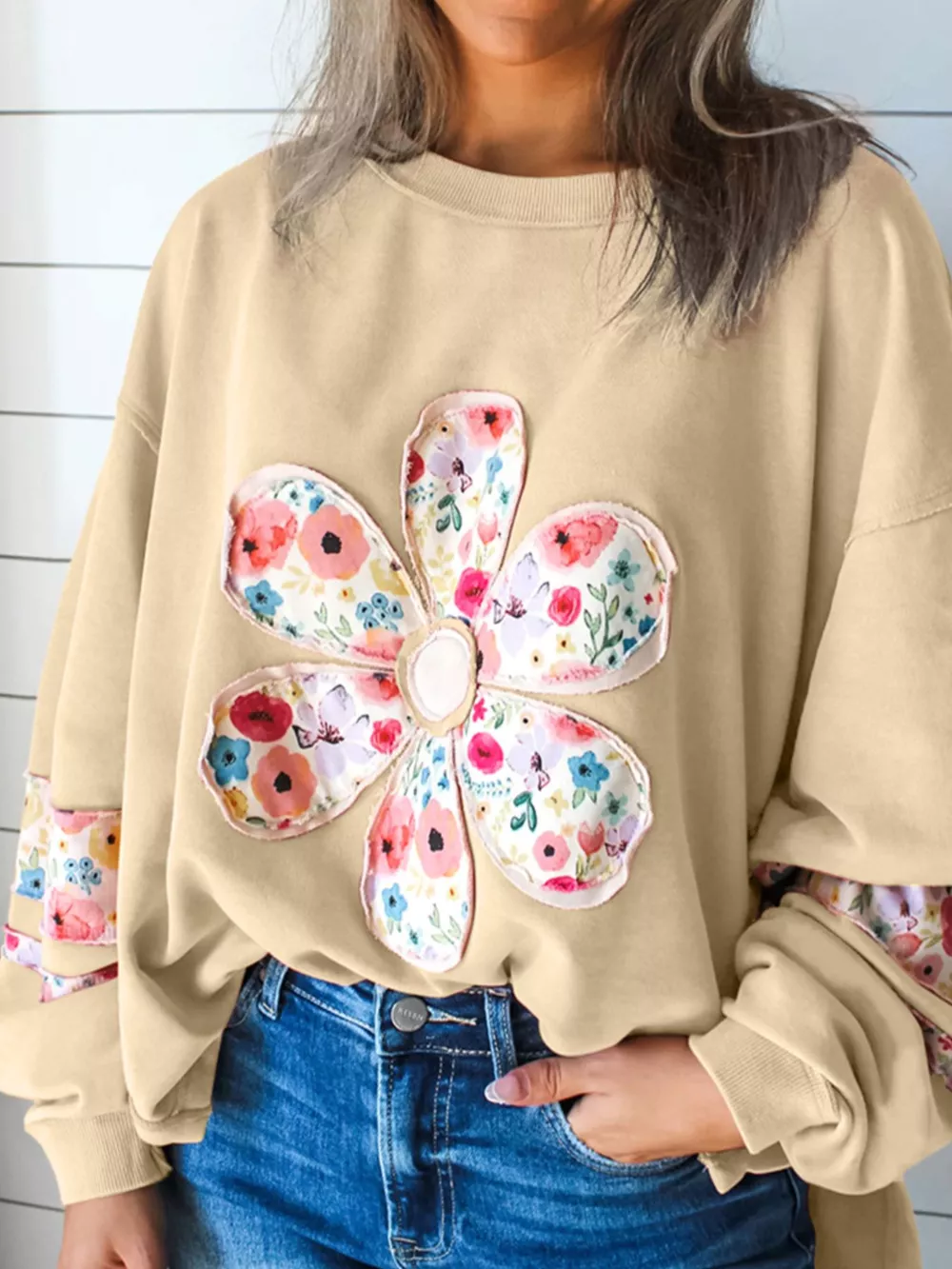 Plus Size Floral Applique Drop Shoulder Sweatshirt, image 4
