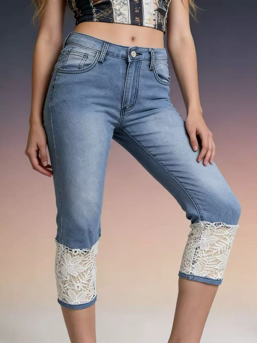 Full Size Lace Trimmed Capri Jeans Plus Size, image 6