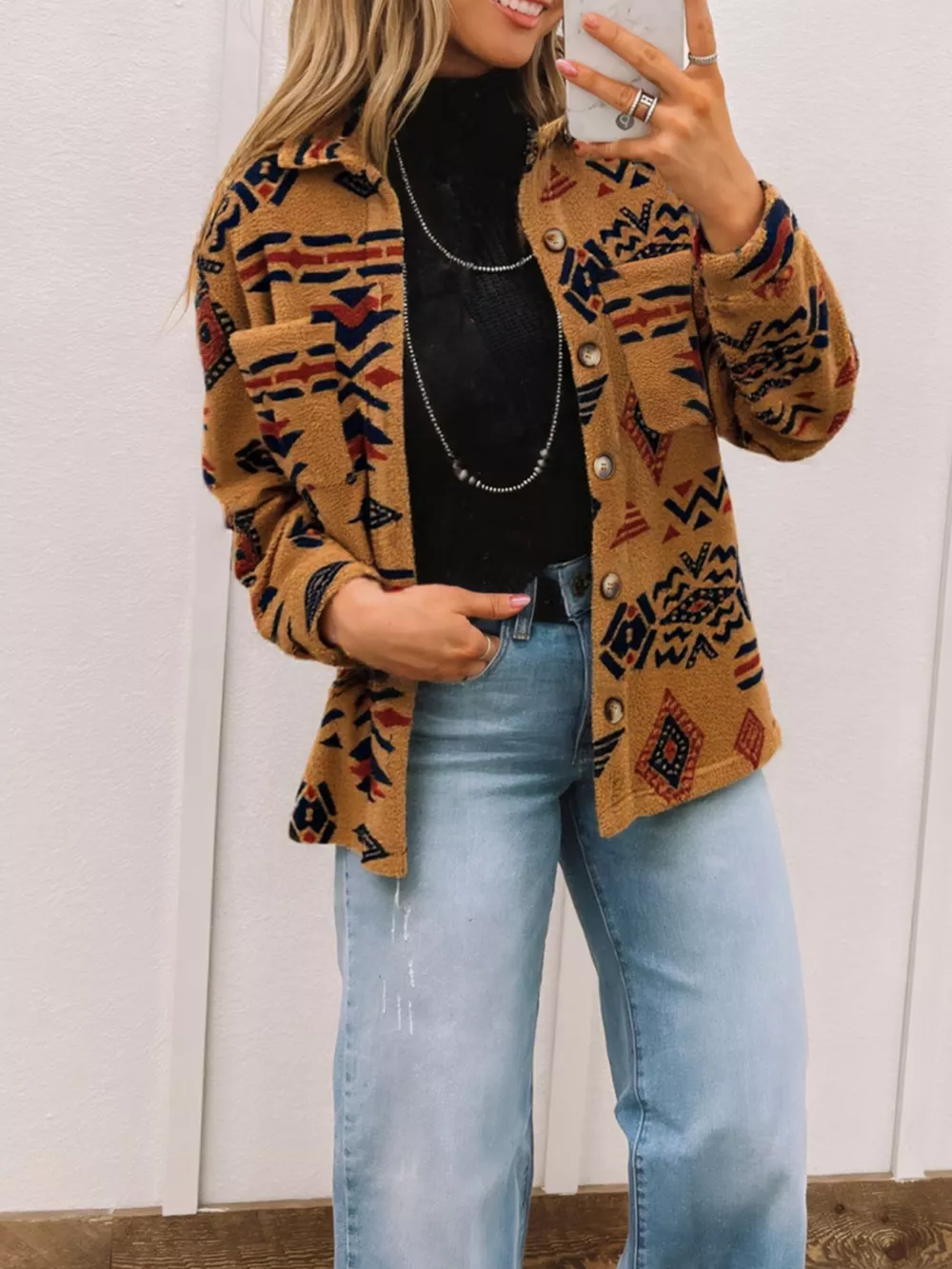 Western Aztec Pattern Fleece Button-Up Shacket, image 2