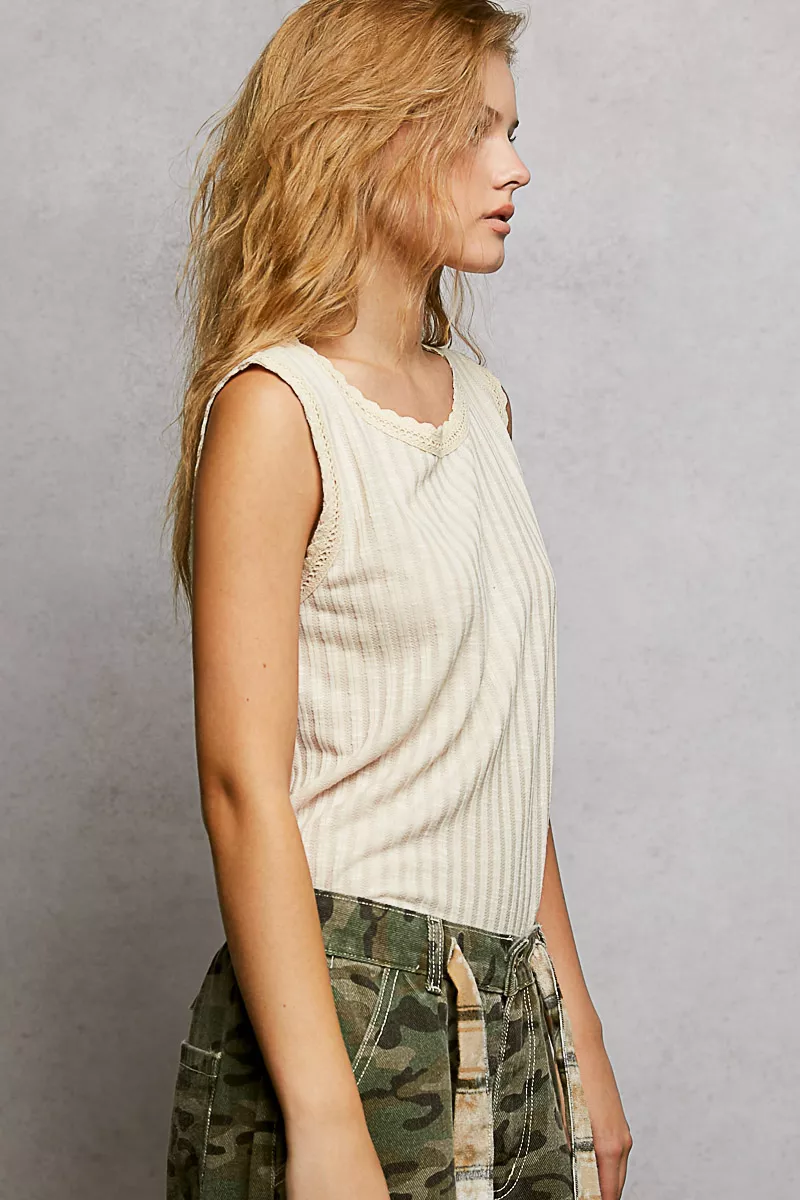 Ribbed Round Neck Tank with Lace Trim, image 5