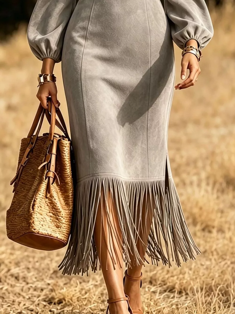 Fringe Round Neck Balloon Sleeve Dress, image 8