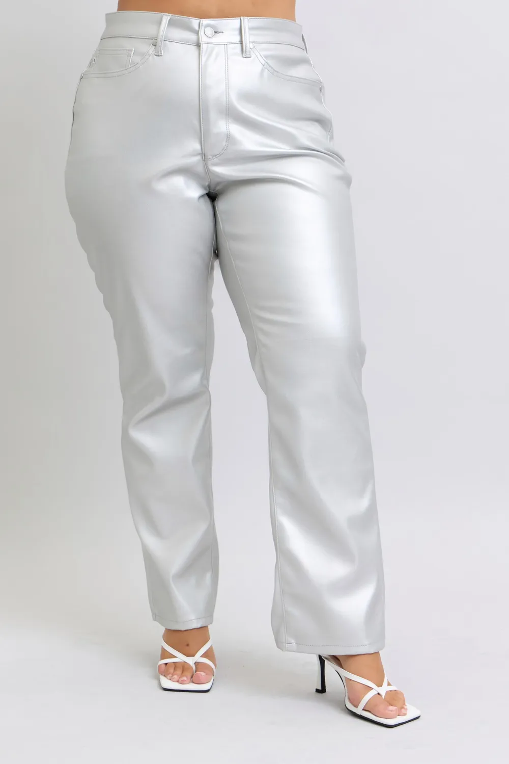 Full Size High Waist Silver Faux Leather Pants Plus Size, image 2