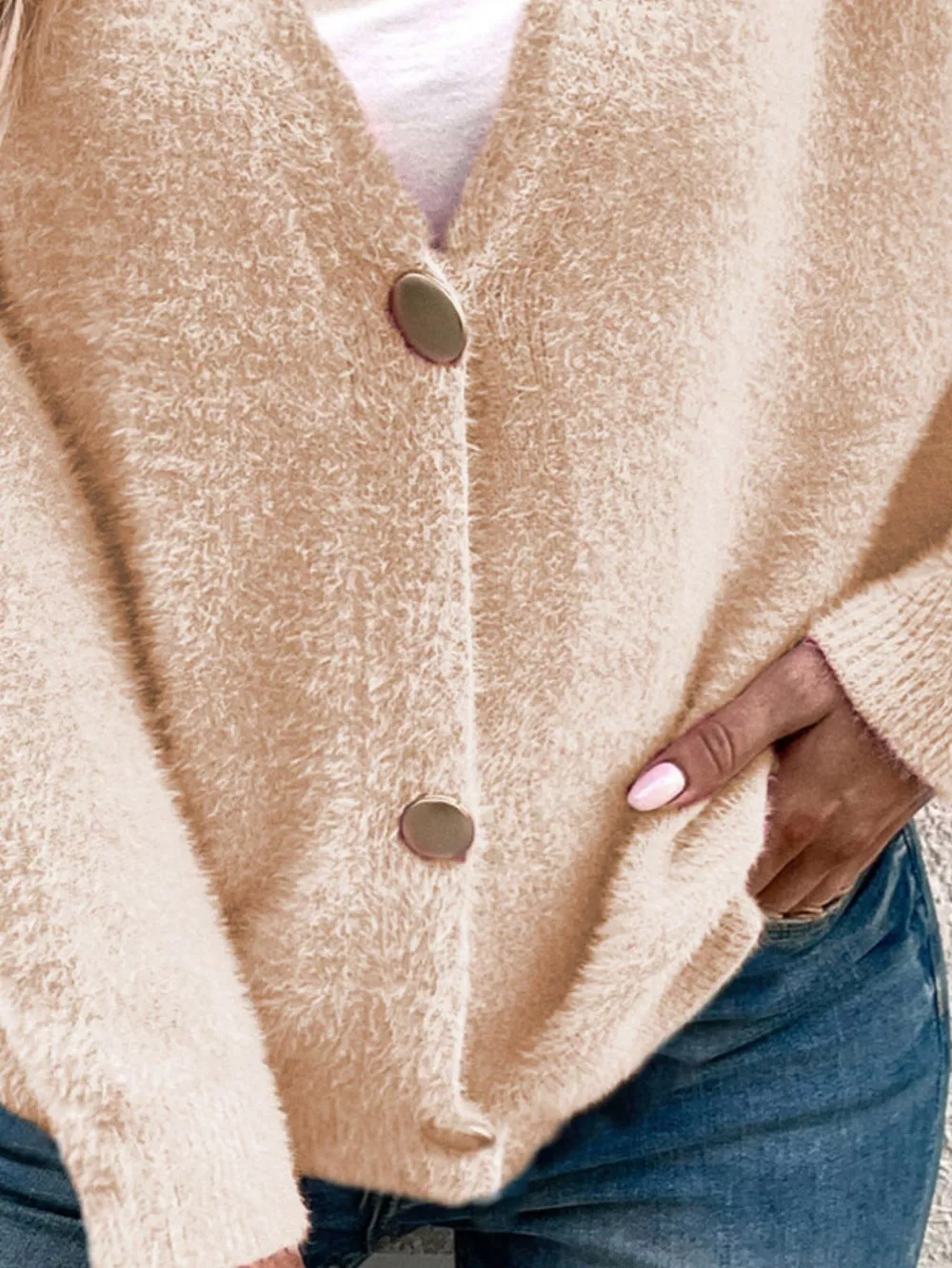 Soft Fuzzy V-Neck Button-Down Cardigan, image 7