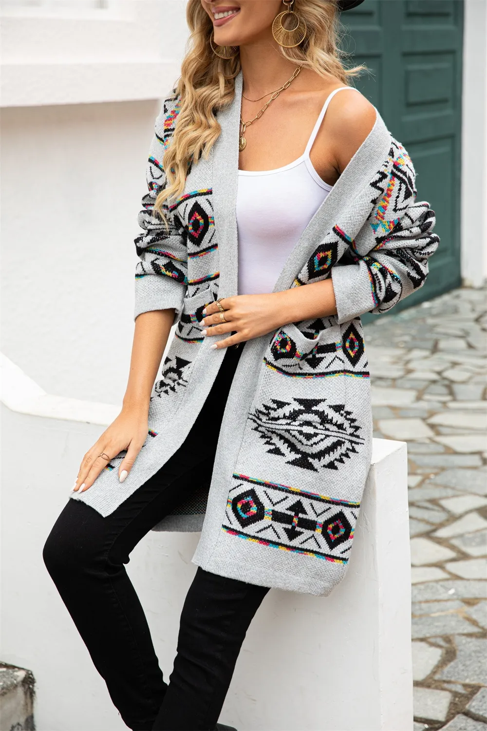 Pocketed Geometric Open Front Dropped Shoulder Cardigan, image 11