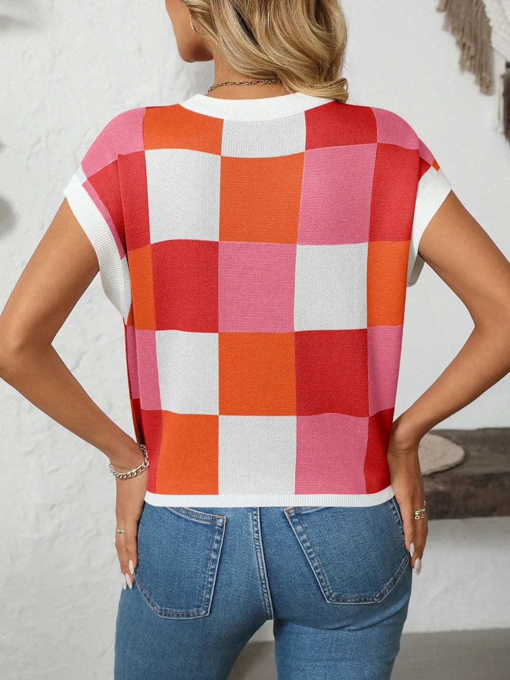 Checkered Round Neck Cap Sleeve Knit Top, image 17