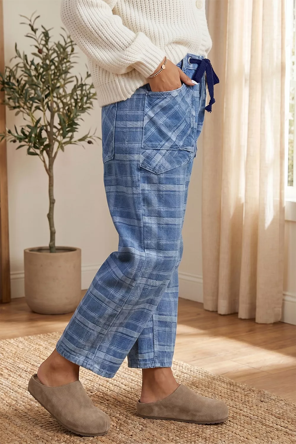 Plaid Denim Grommet Drawstring Waist Ankle-Length Jeans, image 7