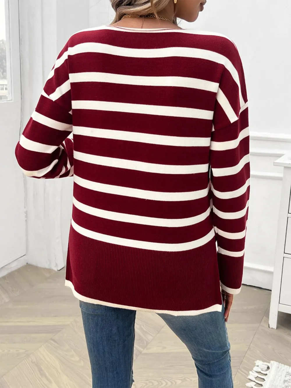 Striped V-Neck Long Sleeve Knit Top, image 17