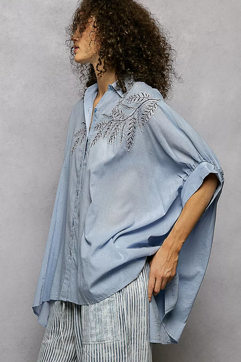 Button Down Embroidered Floral High-Low Hem Shirt, image 3
