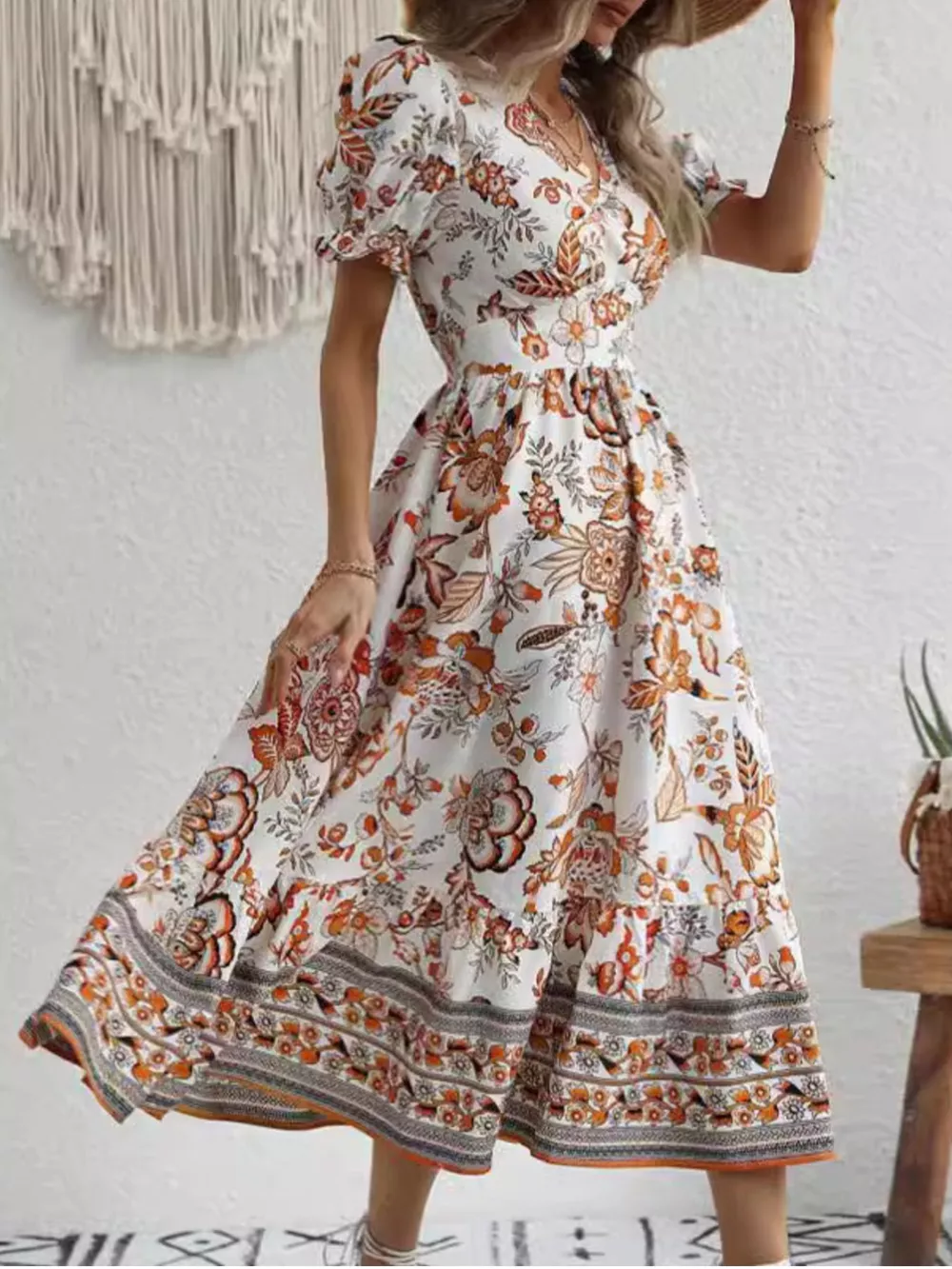 Floral Print Puff Sleeve Wrap Midi Dress, image 24