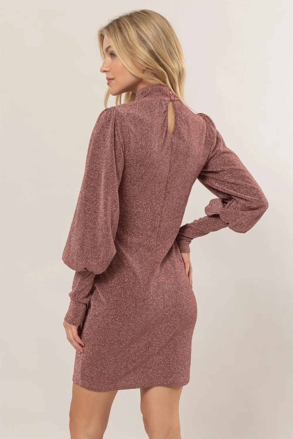 Glitter Mock Neck Long Sleeve Mini Dress, image 2