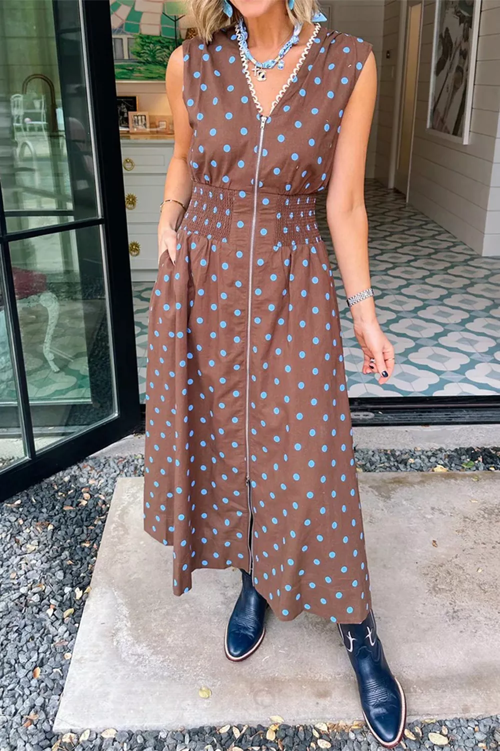 Polka Dot Zipper Front Midi Dress, image 4