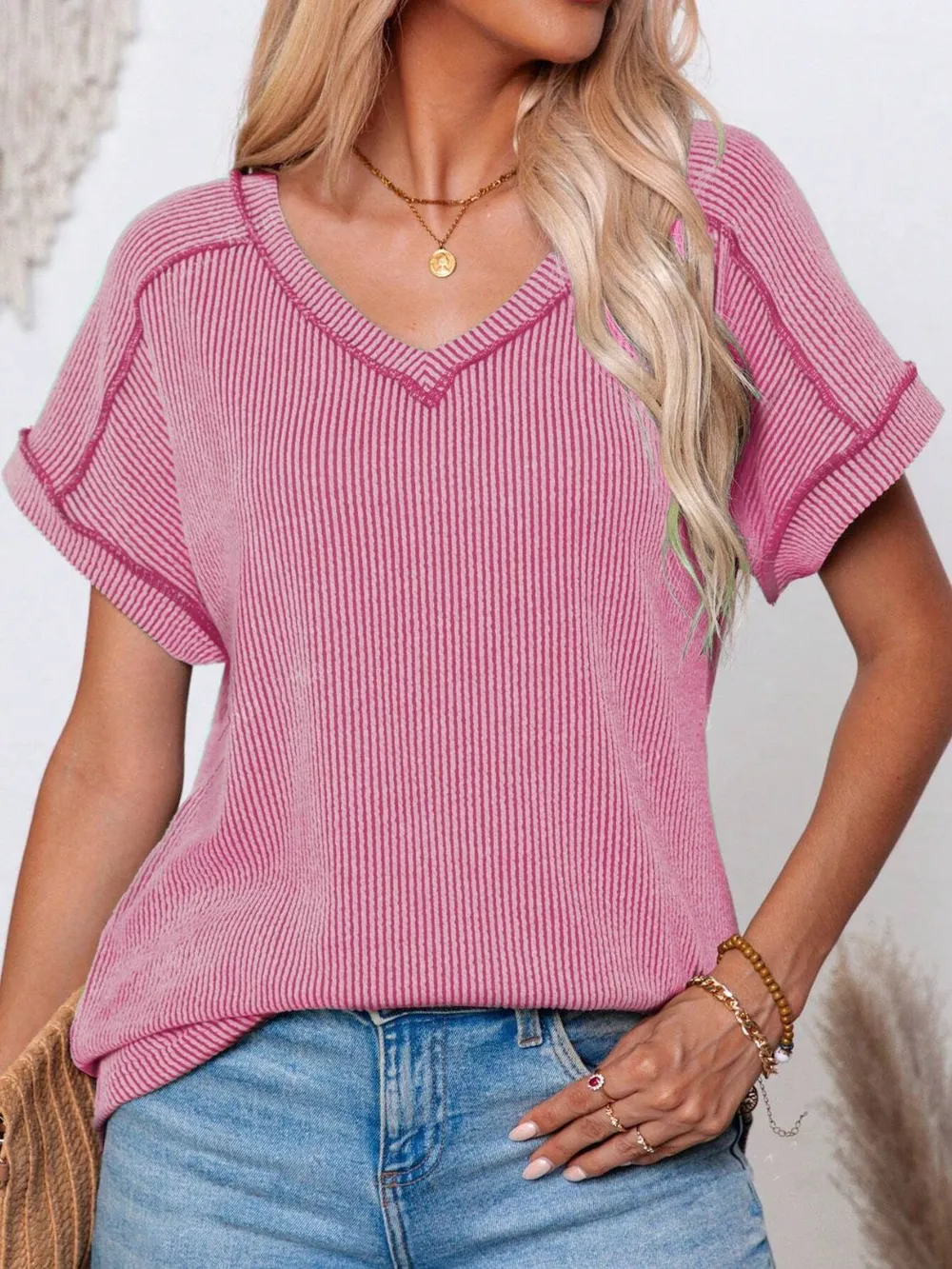 Exposed Seam V-Neck Short Sleeve Top, image 5