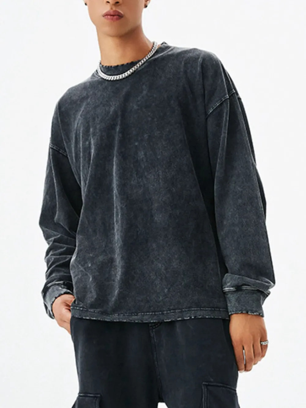 Men's Washed Round Neck Dropped Shoulder Sweatshirt