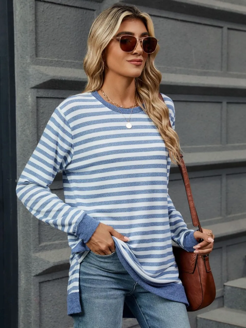 Striped Round Neck Long Sleeve T-Shirt, image 4