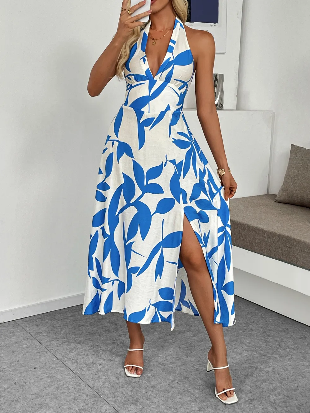 Leaf Print Halter Neck Midi Dress, image 3