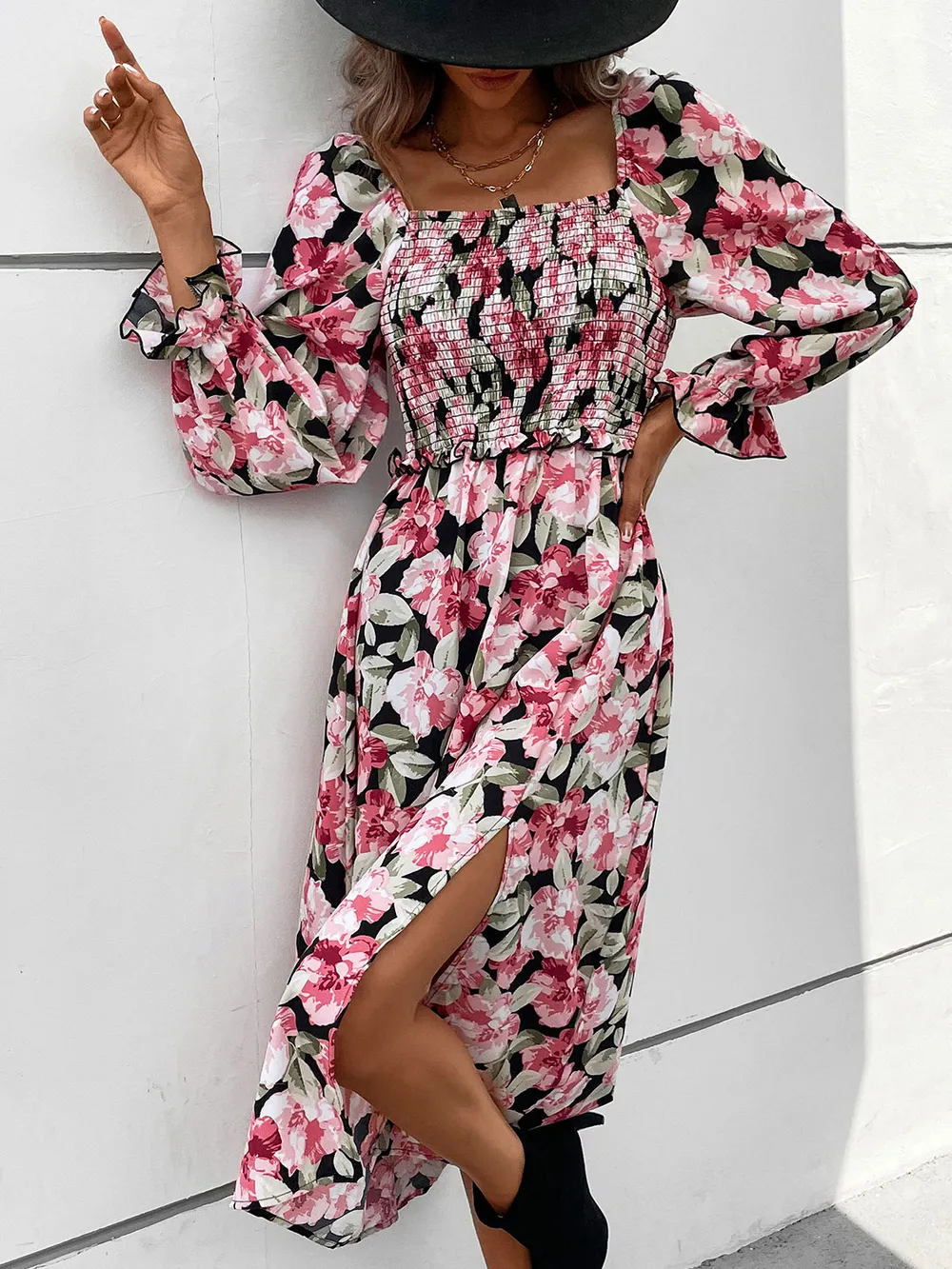 Slit Smocked Floral Flounce Sleeve Dress, image 3