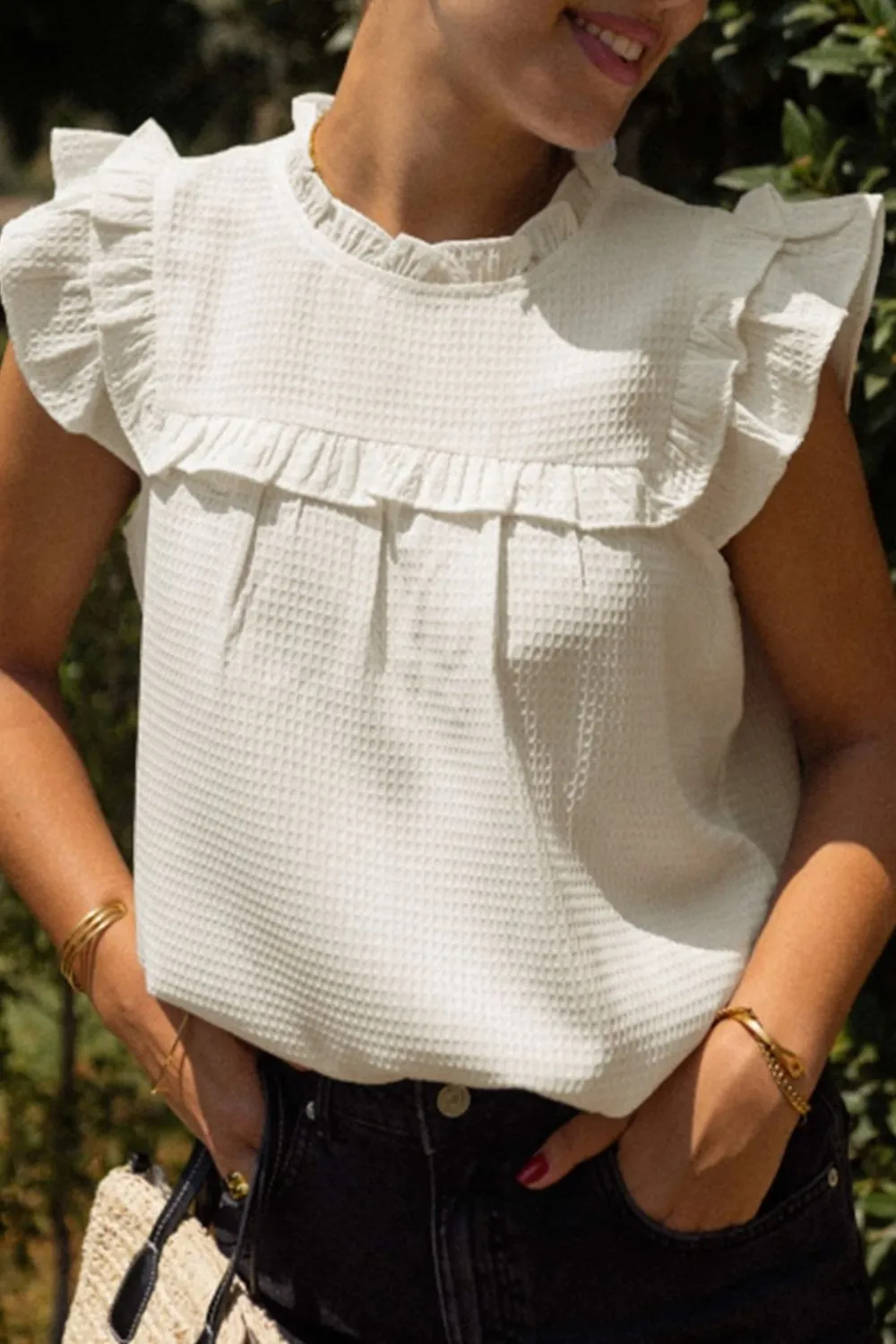 Solid Color Ruffle Trim Waffle Knit Blouse, image 6