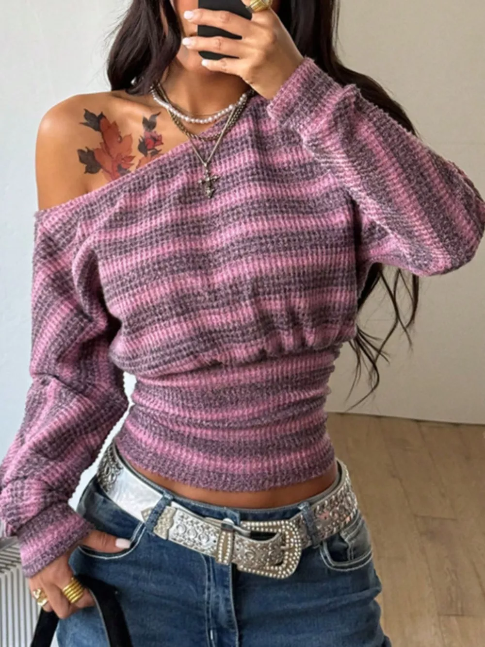Off-Shoulder Striped Cropped Knit Top, image 5