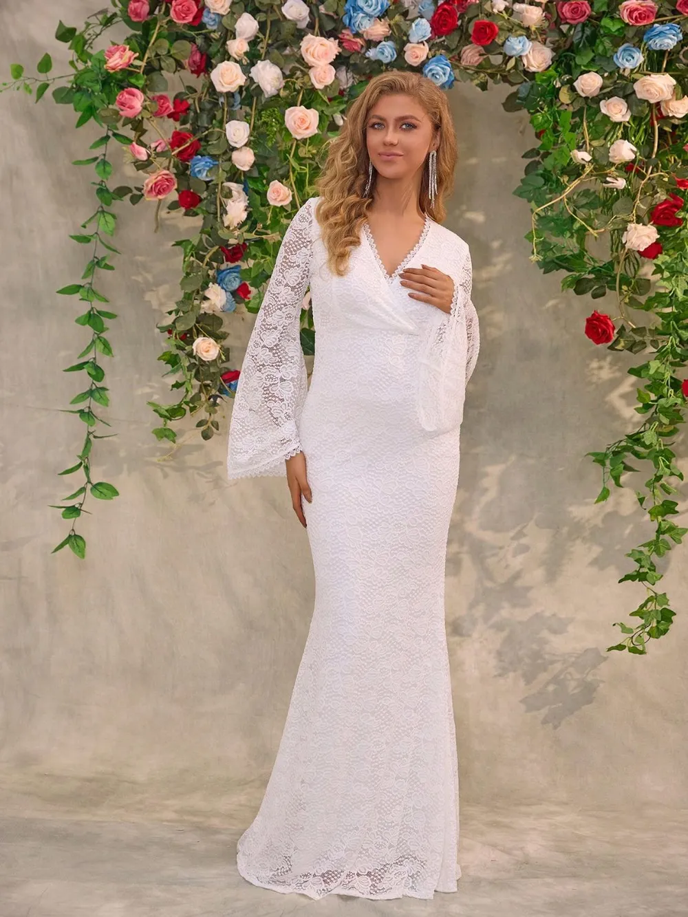 Lace Surplice Flare Sleeve Maxi Dress, image 3