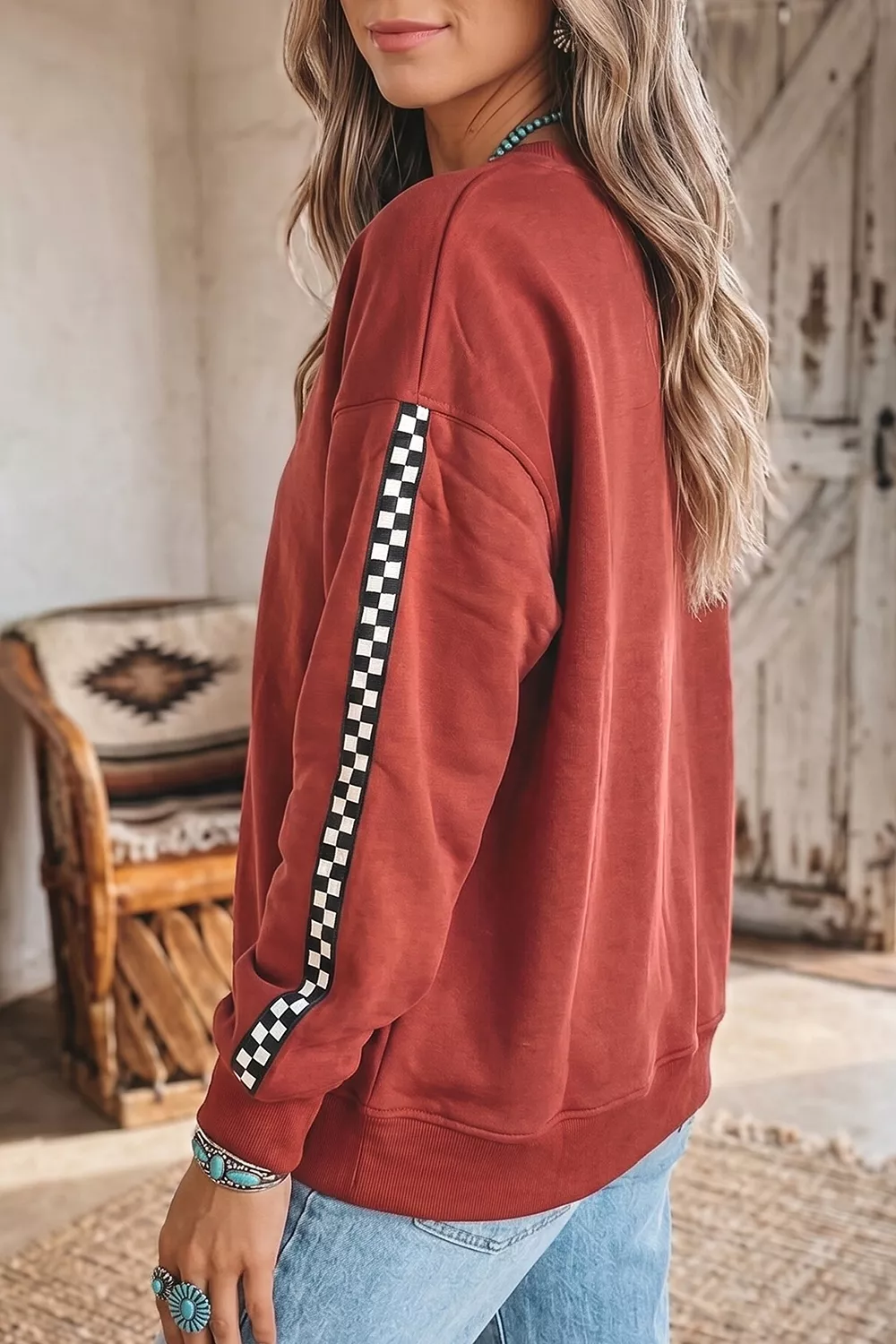 Checkered Trim Long Sleeve Round Neck Shift Sweatshirt, image 3