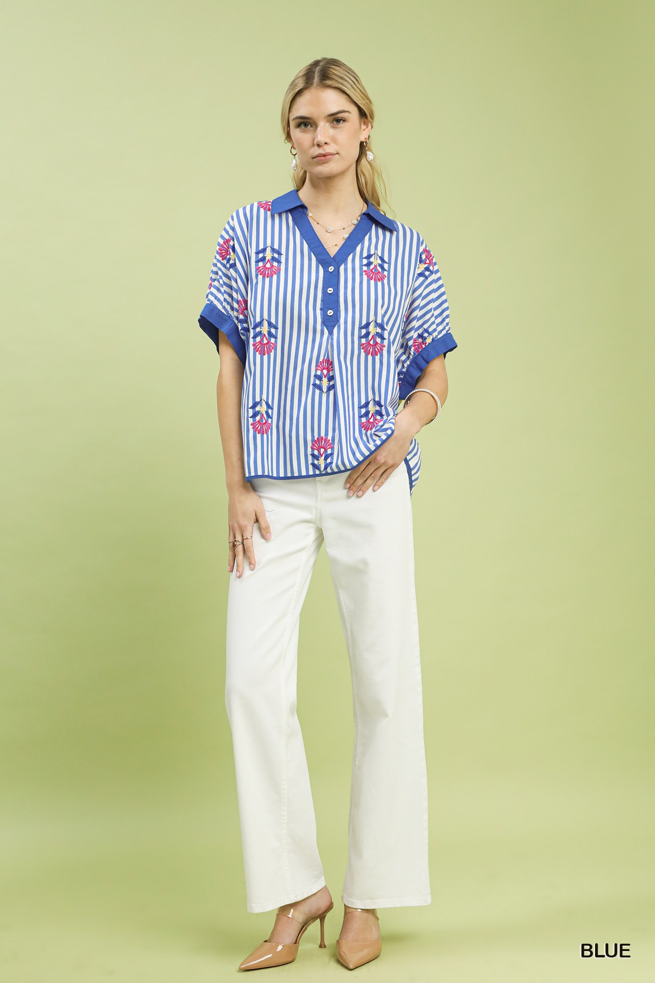 Stripe Embroidered Button-Front Boho Blouse, image 4