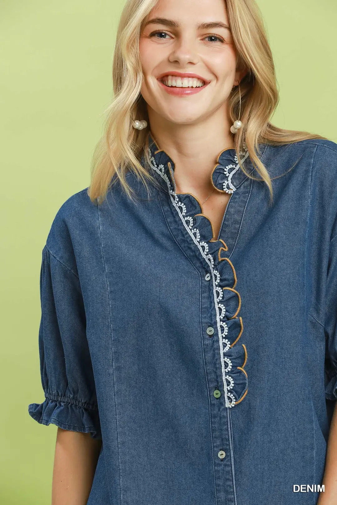 Chambray Scalloped Trim Button Front Blouse, image 4