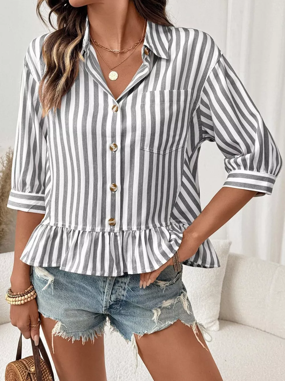 Striped Ruffle Hem Button-Down Shirt, image 10