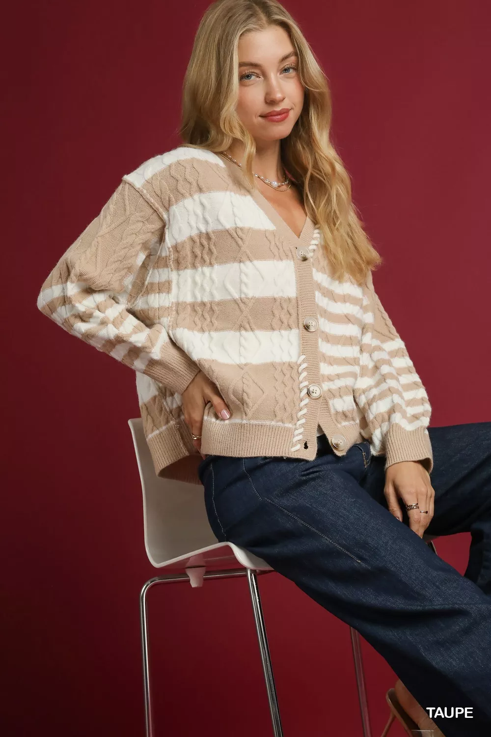 Cable-Knit Stripe Button-Up Cardigan, image 4