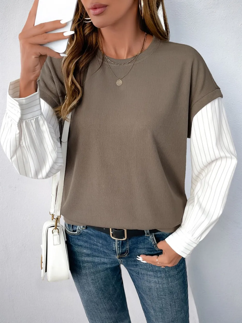 Round Neck Striped Sleeve Sweatshirt, image 4