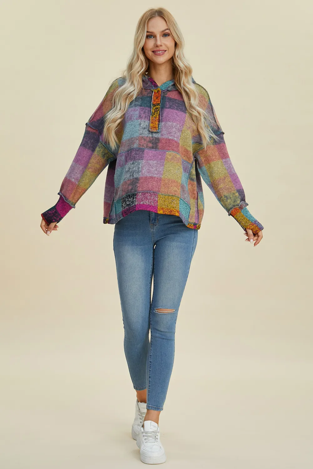 Full Size Plaid Dropped Shoulder Fleece Hoodie, image 9