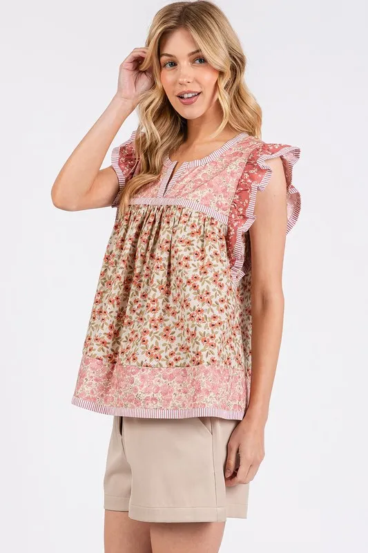 Floral Notched Ruffled Cap Sleeve Blouse, image 2