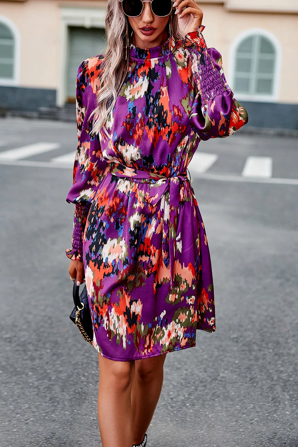 Printed Tie Waist Mock Neck Lantern Sleeve Dress, image 10