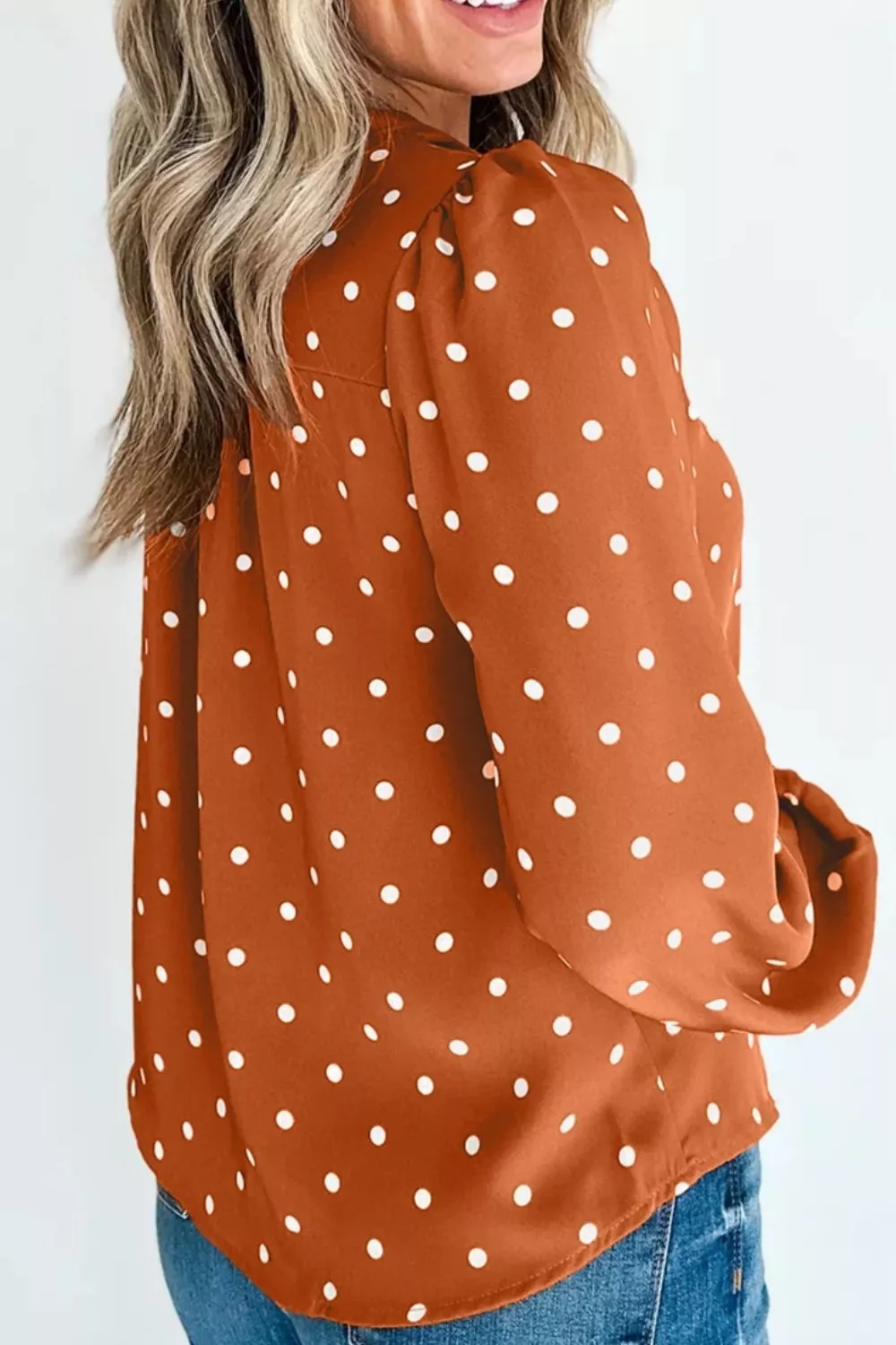 Polka Dot Half Button V Neck Long Sleeve Blouse, image 4