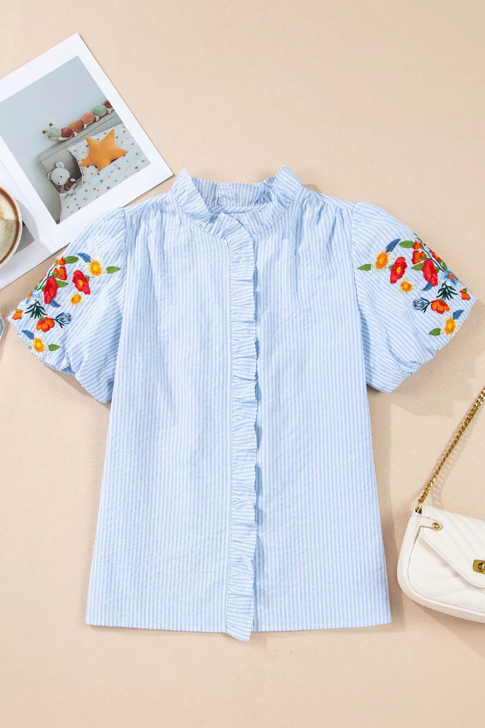 Stripe Floral Embroidered Puff Sleeve Ruffle Trim Shirt, image 6