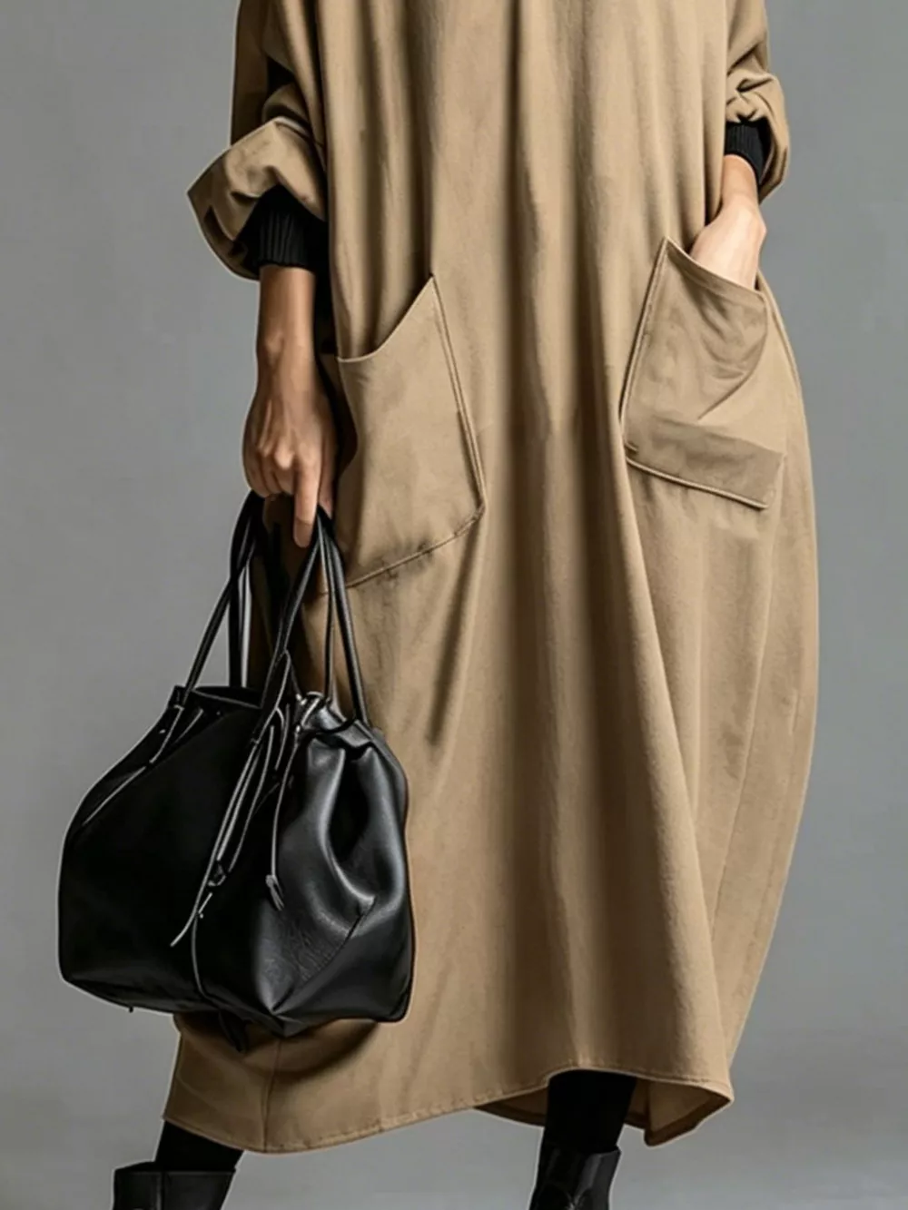 Full Size Loose-Fit Mock Neck Midi Dress with Pockets Plus Size, image 16