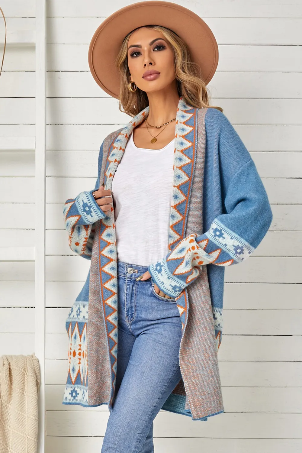 Geometric Open Front Long Sleeve Cardigan, image 10