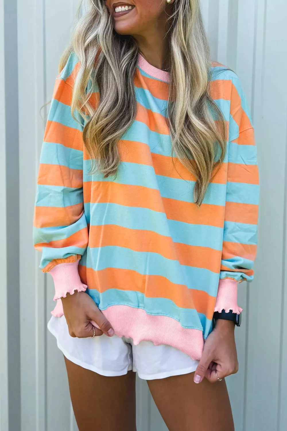 Striped Long Sleeve Top with Lettuce-Edge Cuffs, image 2