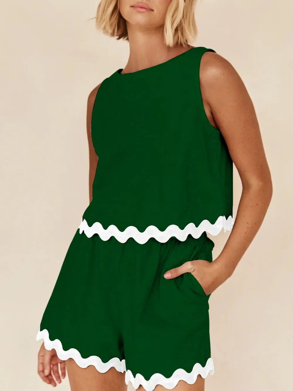 Contrast Trim Round Neck Tank and Shorts Set, image 17