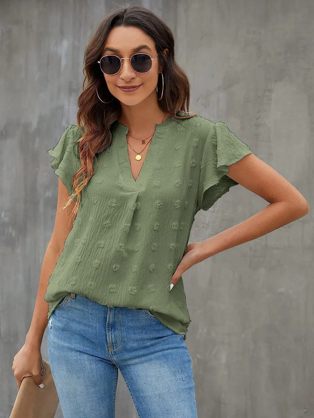 Swiss Dot Notched Cap Sleeve Blouse, image 25