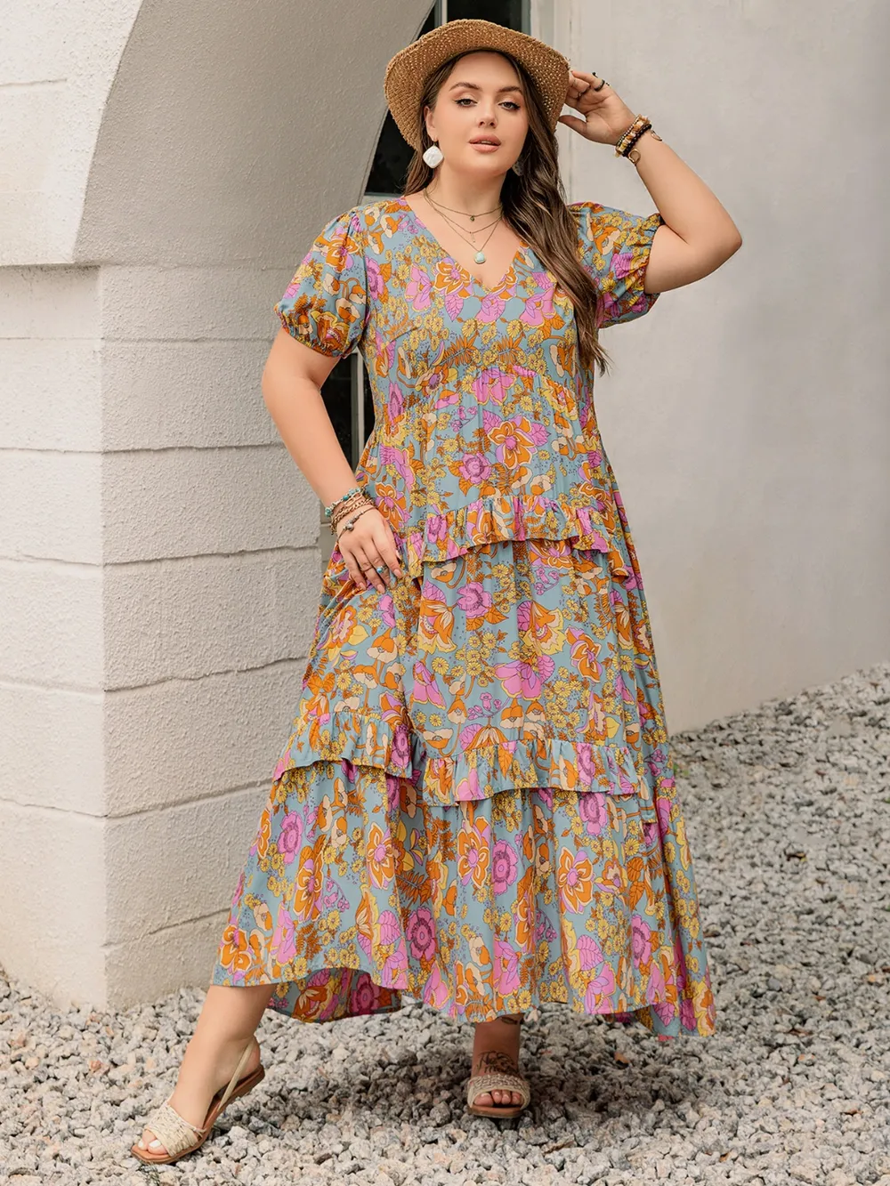 Plus Size Printed V-Neck Short Sleeve Maxi Dress, image 5