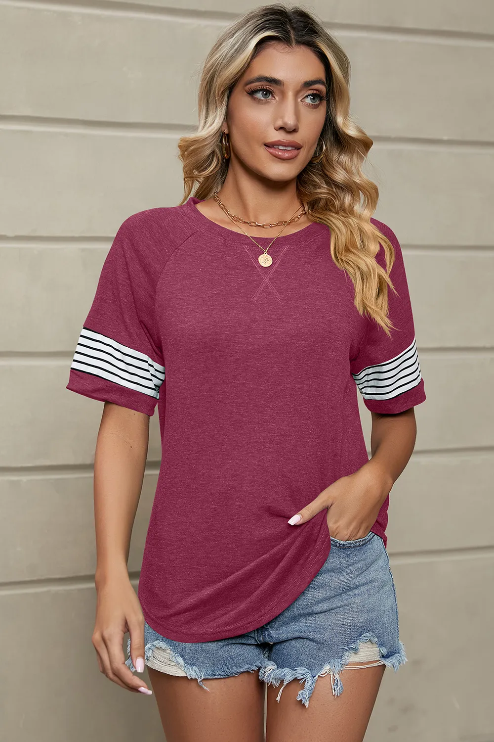 Striped Round Neck Short Sleeve T-Shirt, image 14