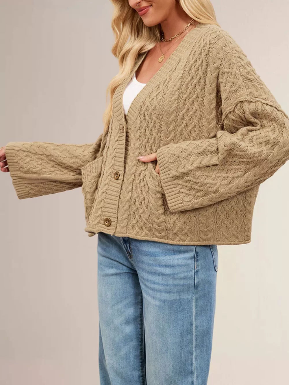 Cozy Cable Knit Cardigan with Pockets, image 3