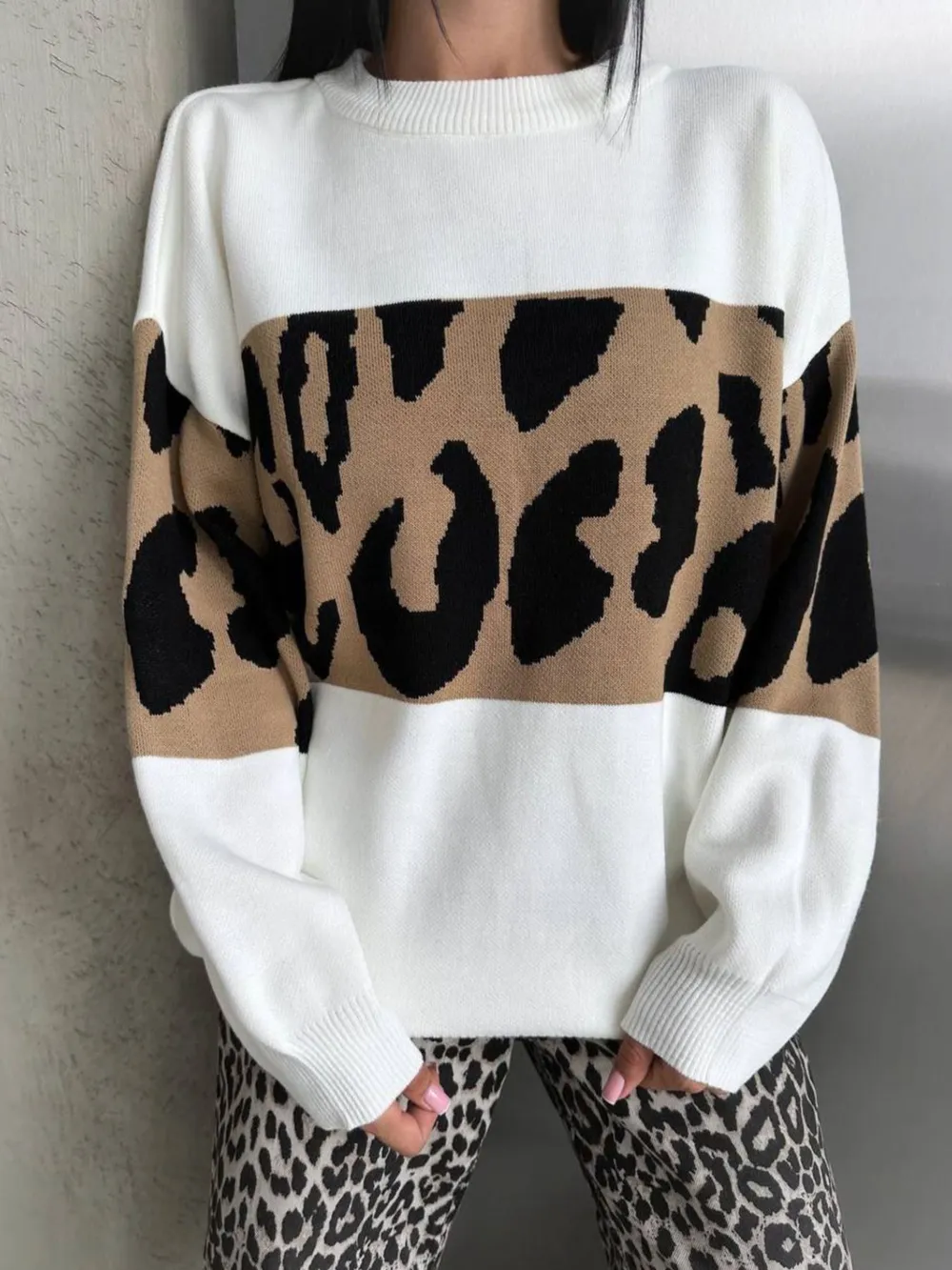 Leopard Color Block Round Neck Sweater, image 2