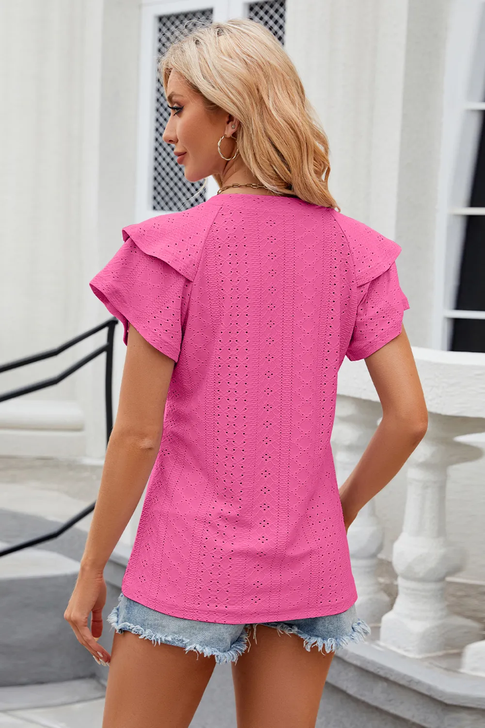 Eyelet Notched Short Sleeve T-Shirt, image 3