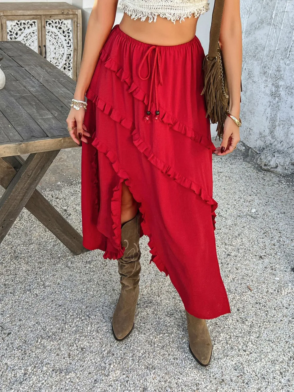 Slit Drawstring Ruffled Skirt, image 16