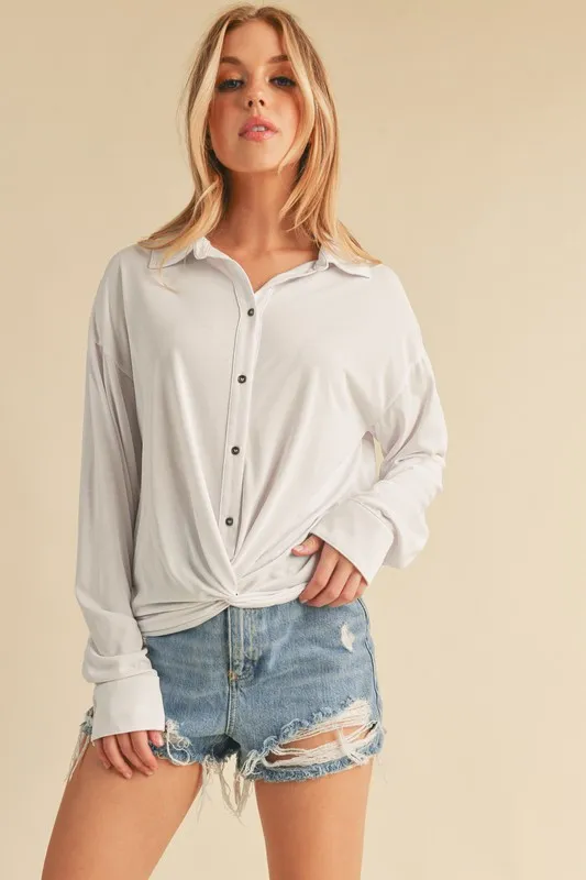 Twisted Hemline Button Detail Collared Neck Top, image 2