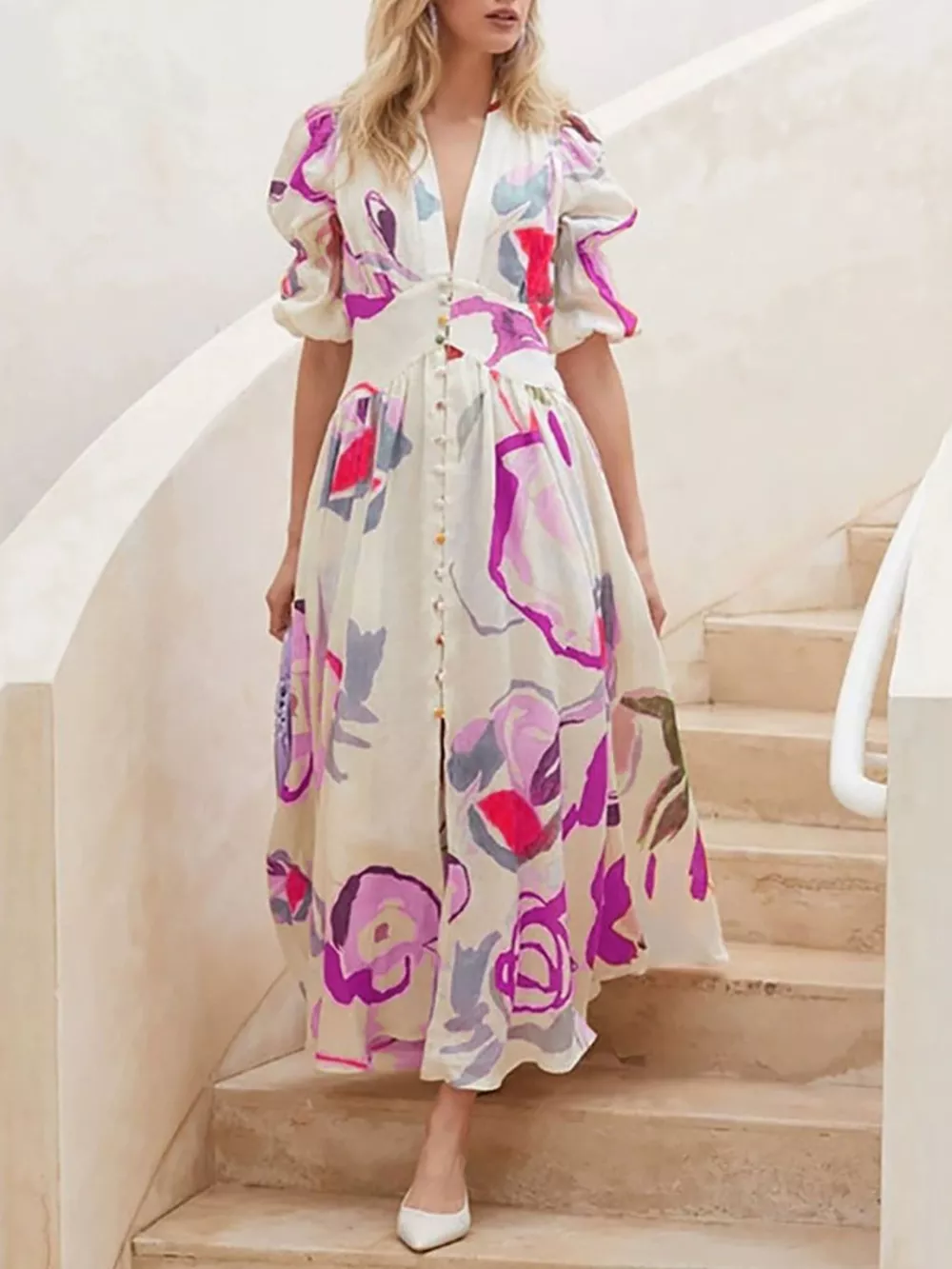 Full Size Abstract Print Puff Sleeve Midi Dress Plus Size, image 7